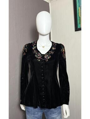1960's Black Velvet Peplum Jacket with Rainbow Embroidery by Young Innocent XS/S